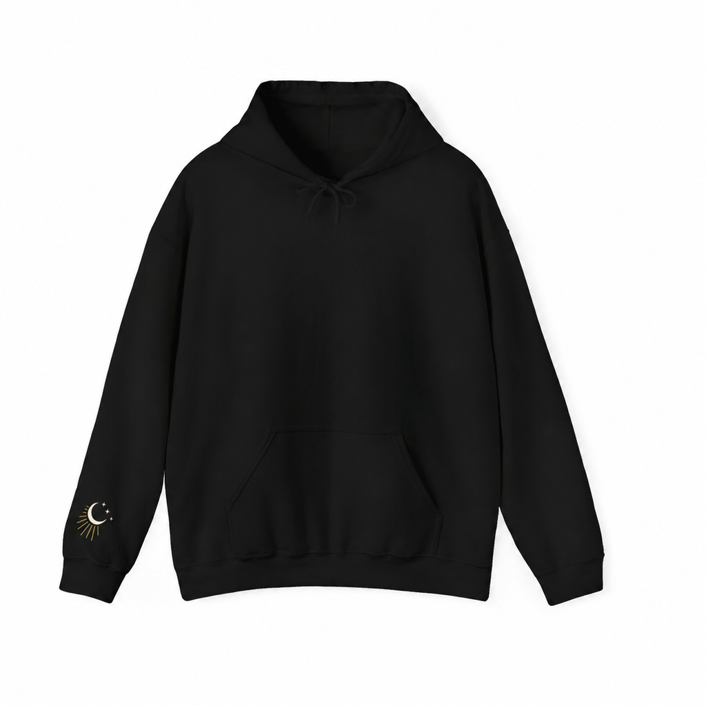 Studio front view of the black After Report celestial-cuff nurse hoodie