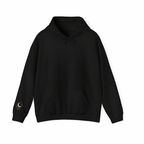 Studio front view of the black After Report celestial-cuff nurse hoodie