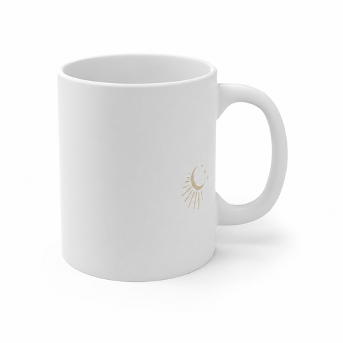 White 11 oz First Sip Signal mug with a small celestial mark beside the handle