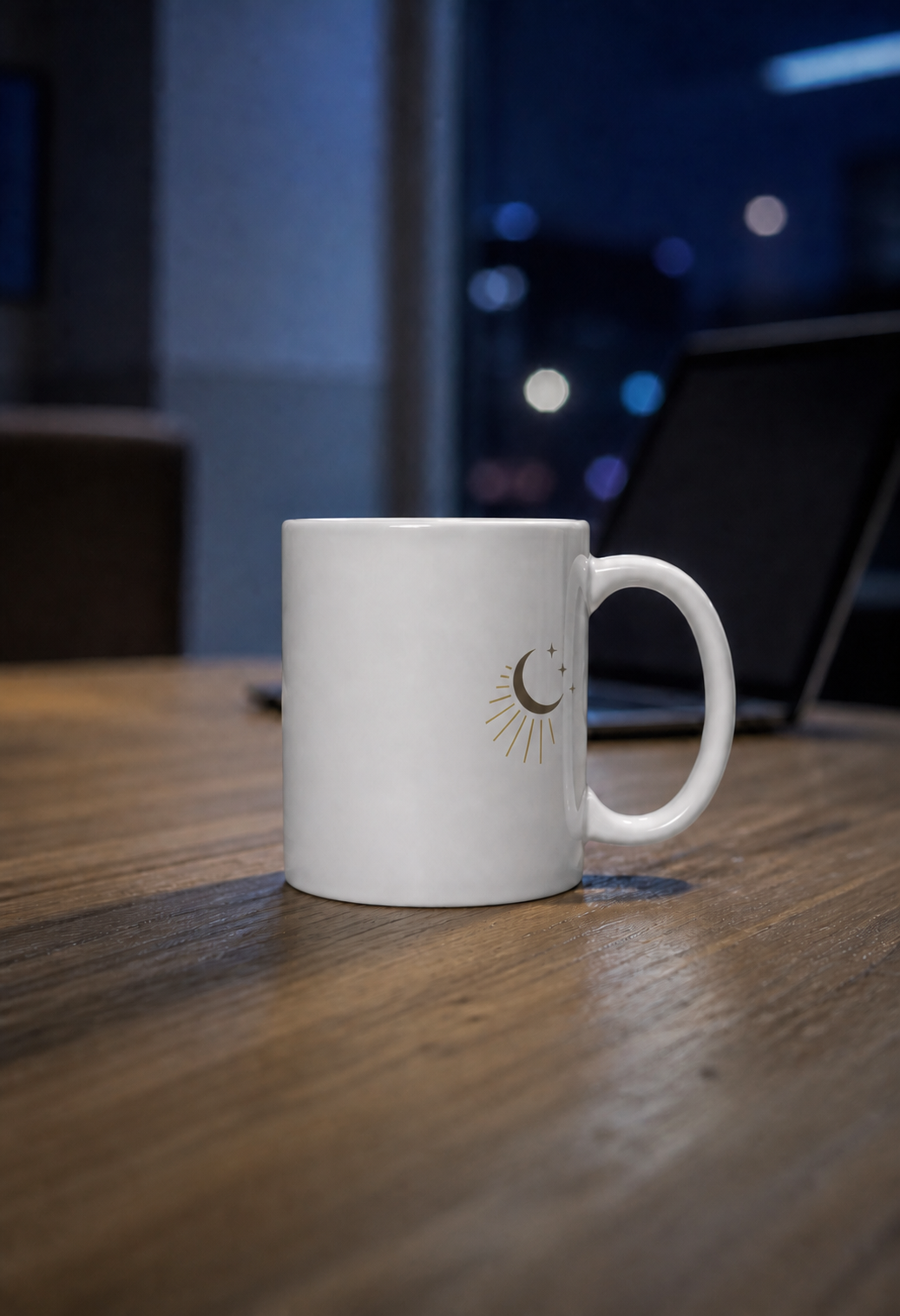 Night-shift desk lifestyle view of the First Sip Signal celestial mug