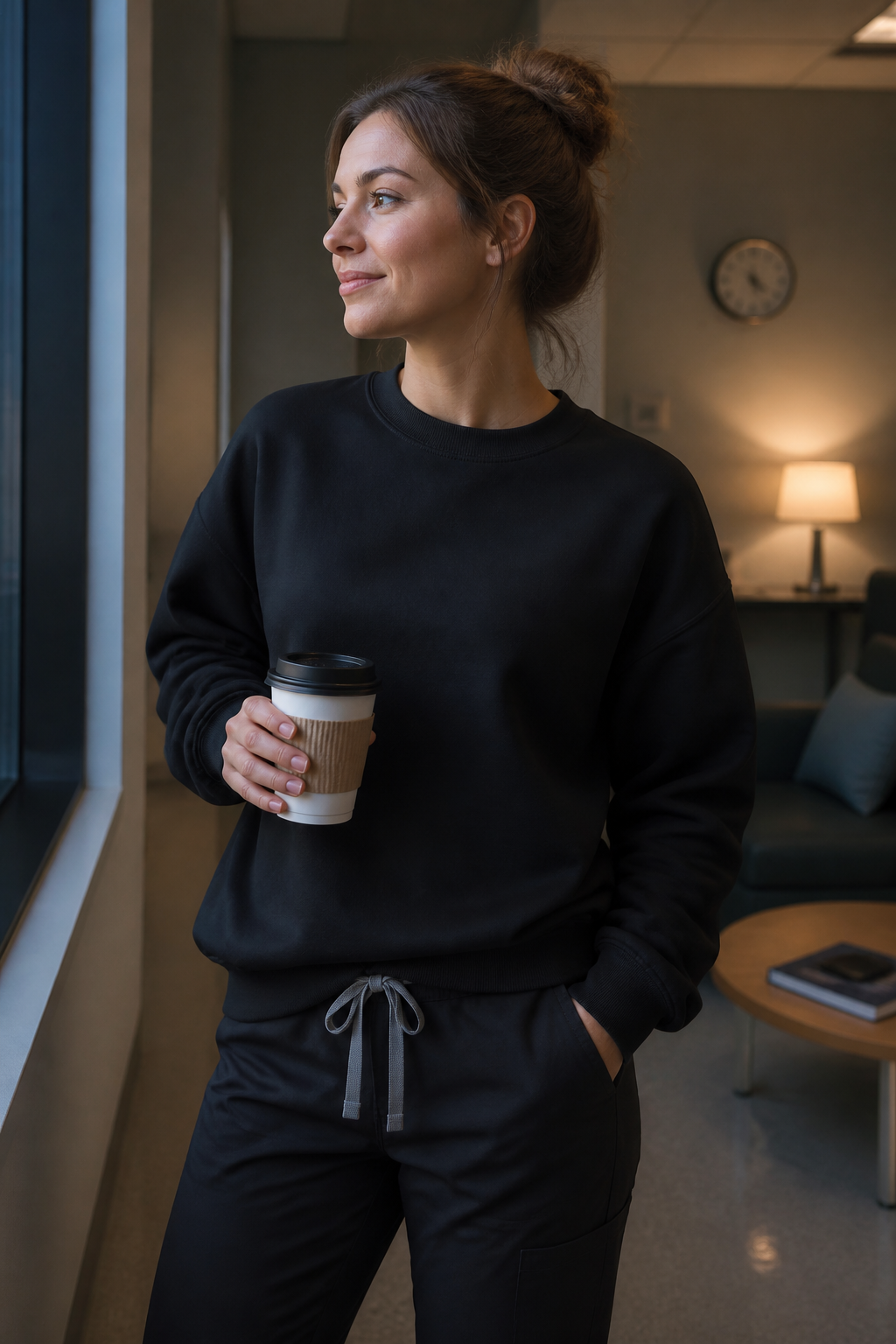 Lifestyle view of Handoff Atlas crewneck showing the clean exterior