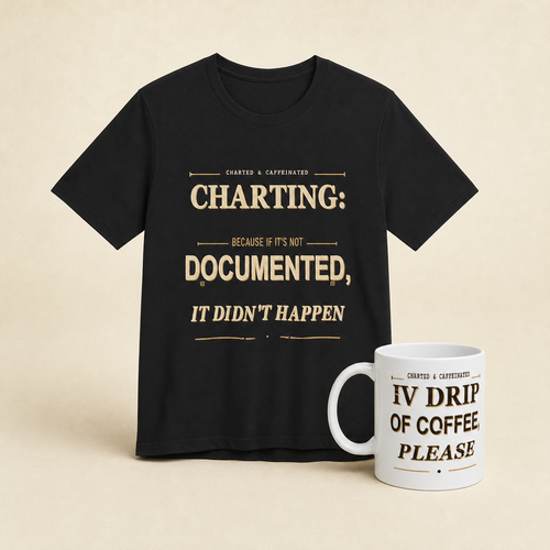 Night Shift Starter Kit bundle with Black Charting nurse T-shirt and IV Drip of Coffee 11 oz mug
