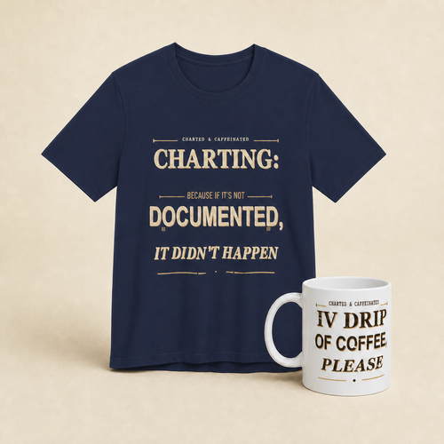 Night Shift Starter Kit bundle with Navy Charting nurse T-shirt and IV Drip of Coffee 11 oz mug